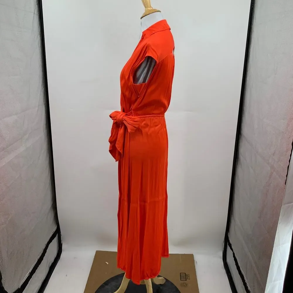 Maeve Dress Womens XS Extra Small Coral Open Back Satin Faux Wrap Tie Waist Midi